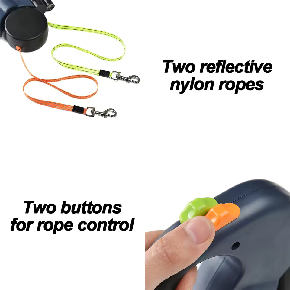 Dual Retractable Leash for Small Dogs – 360° Tangle-Free Nylon Leash with LED Light & Poop Bag Holder