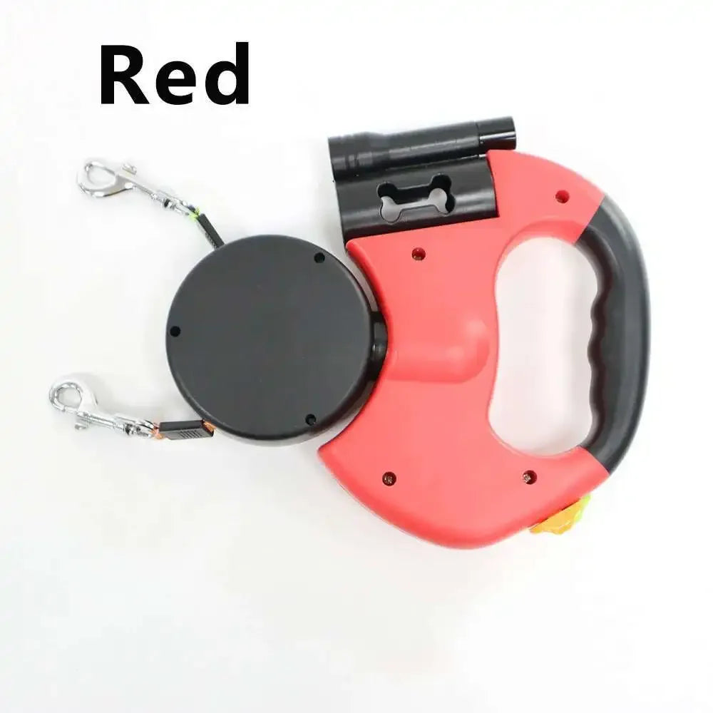 Dual Retractable Leash for Small Dogs – 360° Tangle-Free Nylon Leash with LED Light & Poop Bag Holder