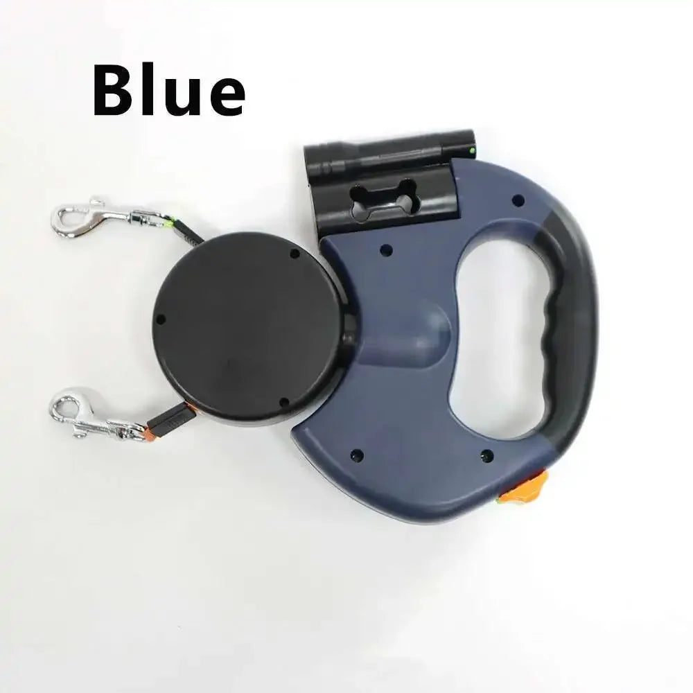 Dual Retractable Leash for Small Dogs – 360° Tangle-Free Nylon Leash with LED Light & Poop Bag Holder
