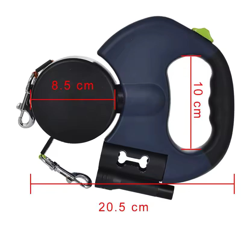 Dual Retractable Leash for Small Dogs – 360° Tangle-Free Nylon Leash with LED Light & Poop Bag Holder