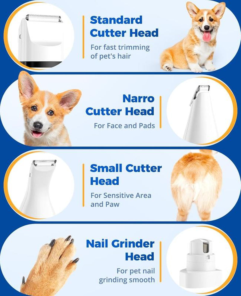 4-in-1 Dog Grooming Kit – Cordless Clippers, Paw Trimmer & Nail Grinder with 2 Speeds, Low Noise, Rechargeable for Dogs