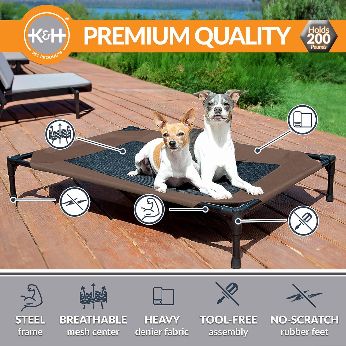 Outdoor Elevated Dog Cot – 6 ft × 3/4″ Chocolate Mesh Hammock Bed for Large Dogs – Collapsible & Portable, Washable Cooling Raised Metal Frame