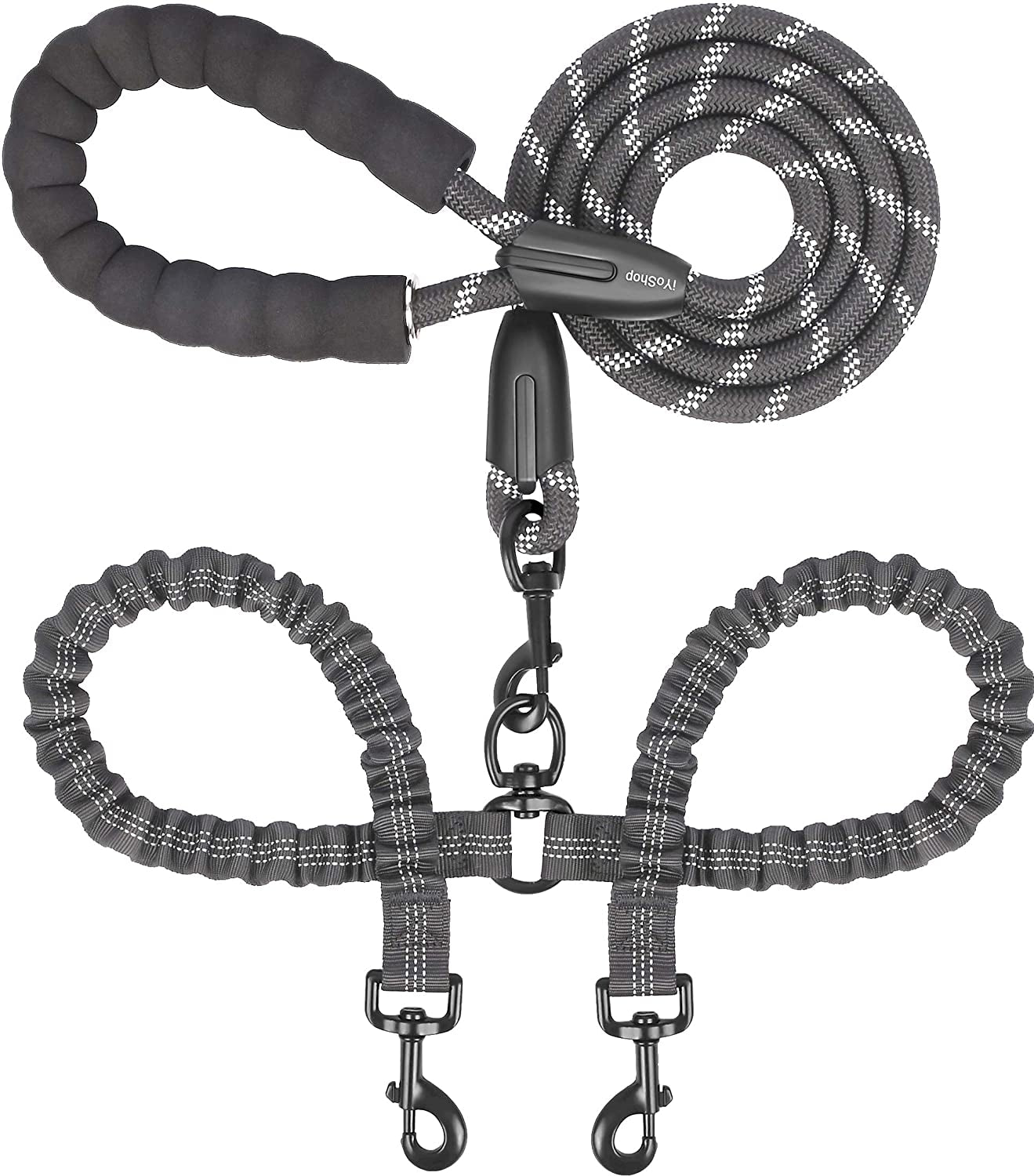 Shock Absorbing Bungee for Two Dogs (Large, 25-150 Lbs, Black)