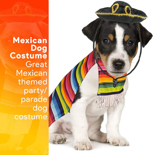 Mexican Serape Dog Costume - Cinco De Mayo Poncho and Sombrero Costumes for Pets (Size L)