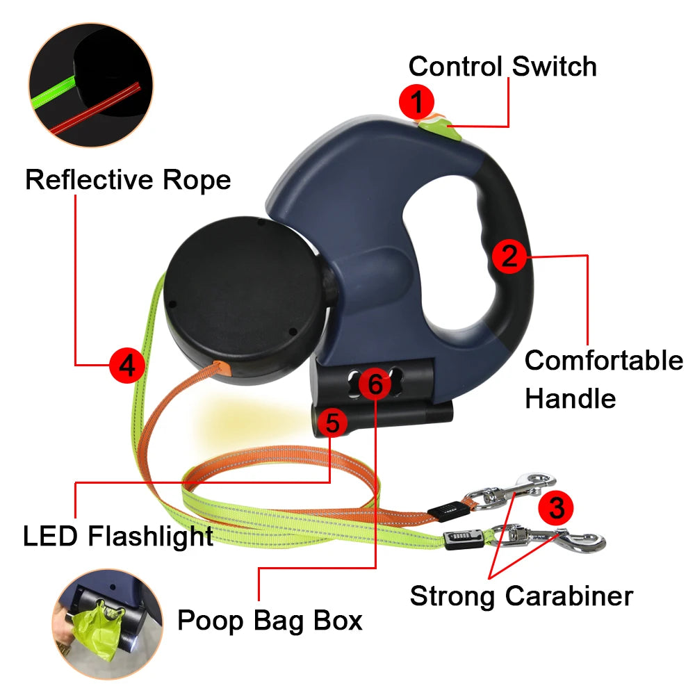 3M Retractable Dog Leash for Small Dogs Reflective Dual Pet Leash Lead 