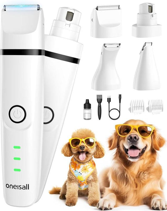 4-in-1 Dog Grooming Kit – Cordless Clippers, Paw Trimmer & Nail Grinder with 2 Speeds, Low Noise, Rechargeable for Dogs