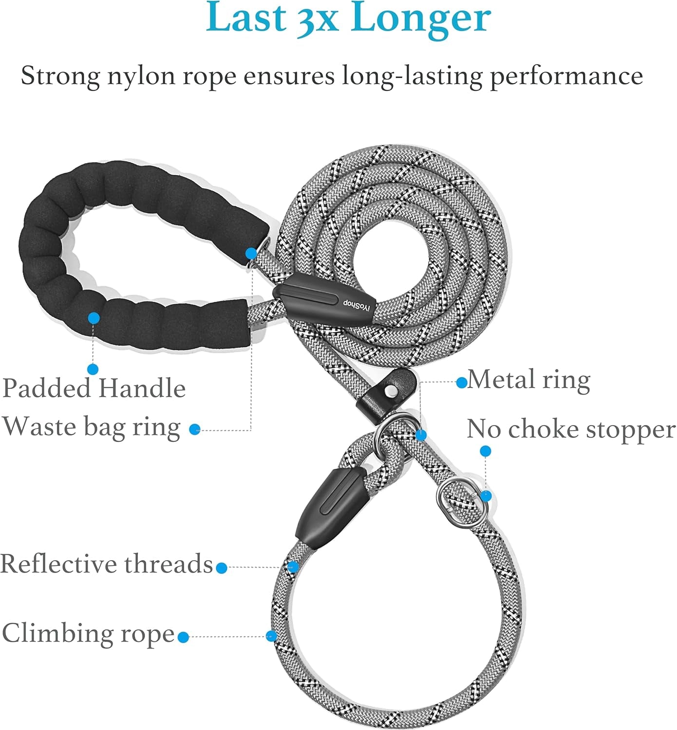 Durable Slip Lead Dog Leash with Padded Handle and Highly Reflective Threads