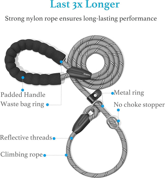 Durable Slip Lead Dog Leash with Padded Handle and Highly Reflective Threads
