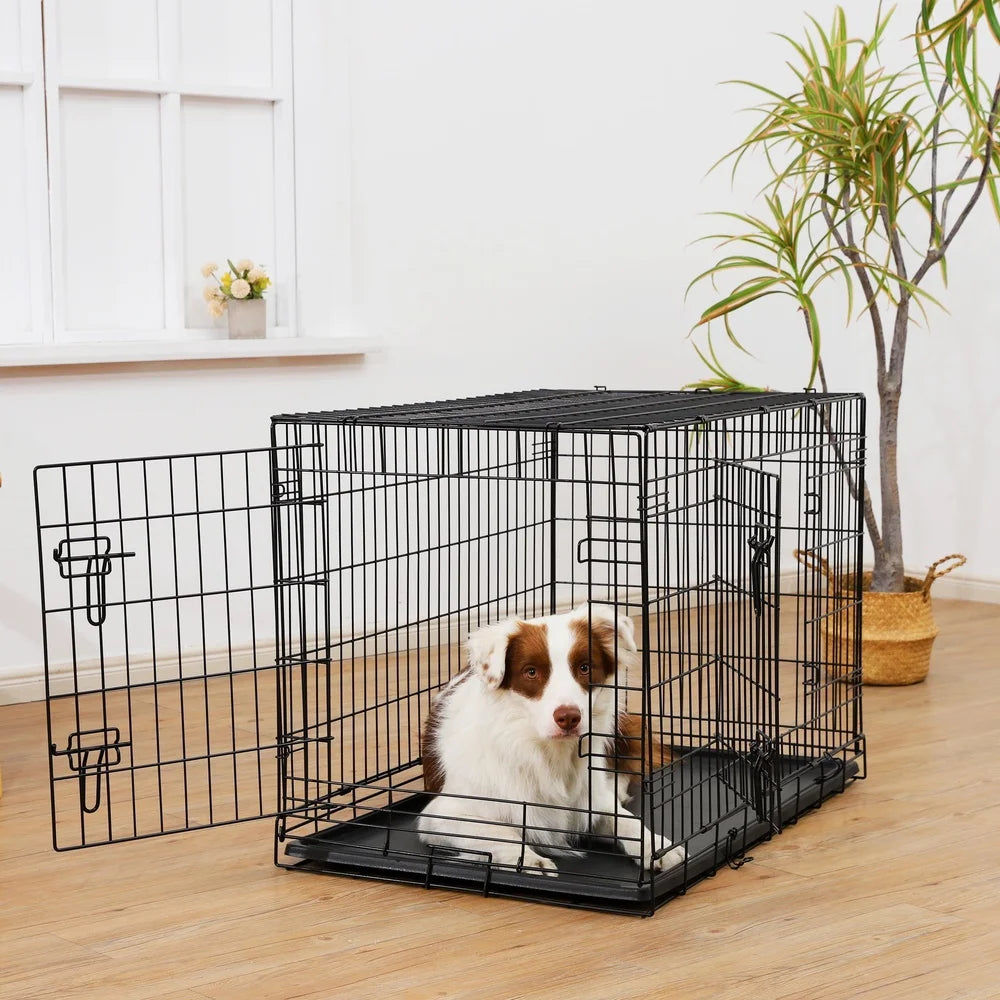 Heavy Duty Double Door Dog Crate 36 Inch Foldable Metal Wire Kennel with Leak Proof Pan Ventilation Divider