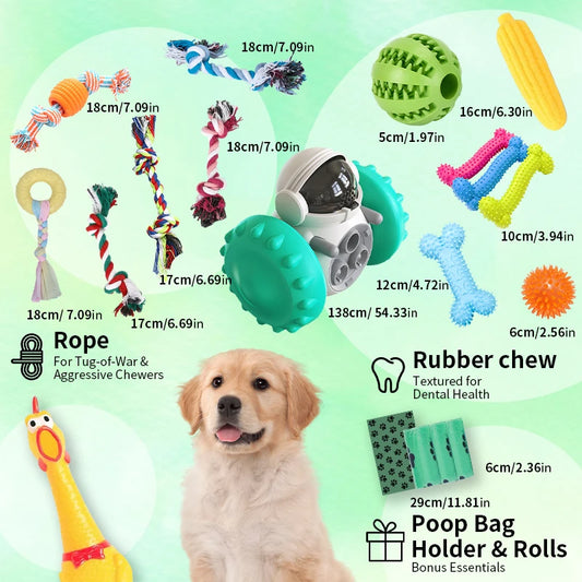 18 Dog Toy Packs - Squeaks, Balance Bikes, Ropes and Interactive Pet Toys, Food Dispensers with Training, Chewing and Mental Sti