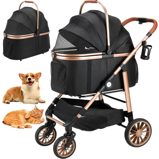 360° High Wheels Transport Foldable Cat Pet Stroller 2In1 Dog Buggy Stroller Dog Box Can Be Attached in Car, Max. Load 25 Kg