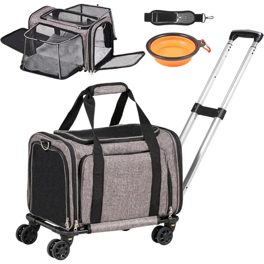 Airline Approved Pet Carrier with Wheels, Expandable Rolling Cat Dog Carrier for Medium Dogs and Cats under 25LBS, Pet Travel