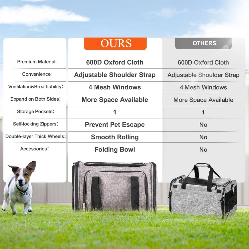 Airline Approved Pet Carrier with Wheels, Expandable Rolling Cat Dog Carrier for Medium Dogs and Cats under 25LBS, Pet Travel