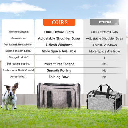 Airline Approved Pet Carrier with Wheels, Expandable Rolling Cat Dog Carrier for Medium Dogs and Cats under 25LBS, Pet Travel