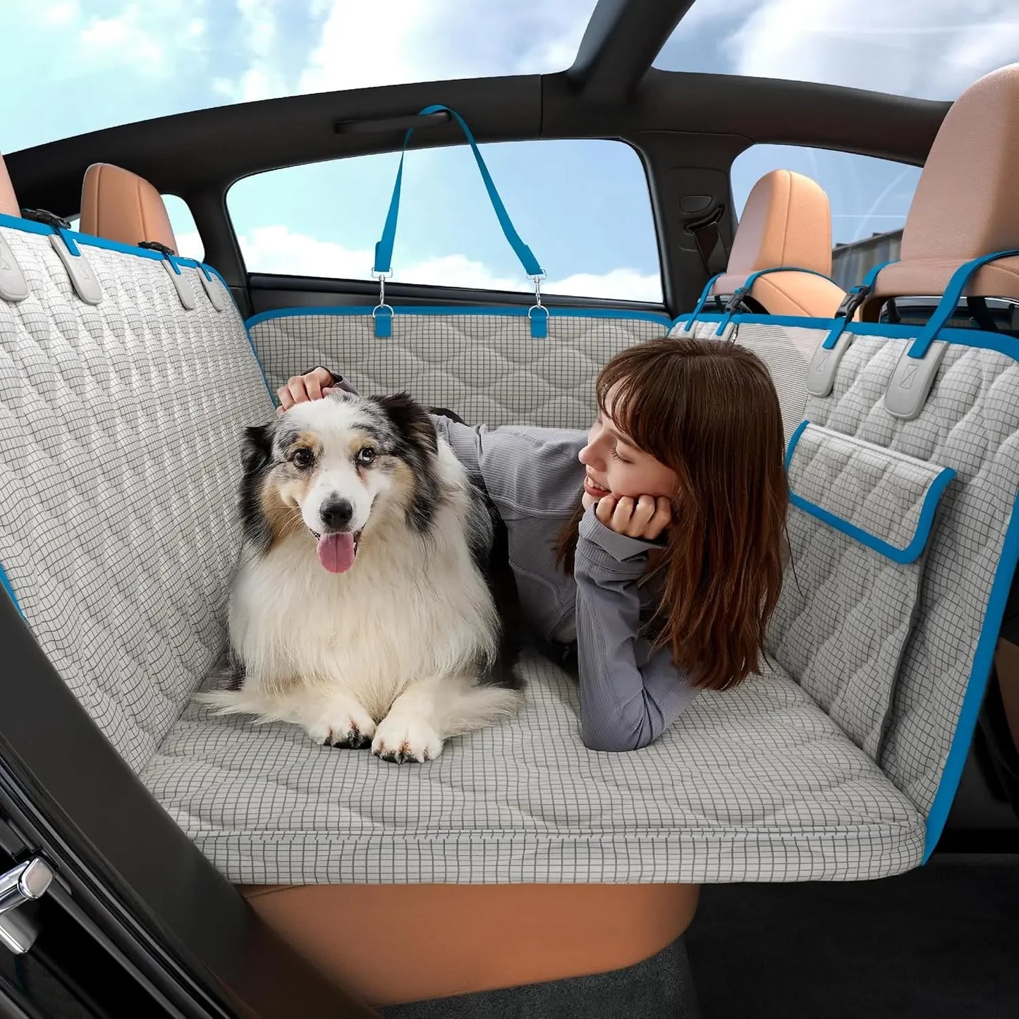 Dog Car Seat Cover for Back Seat with Hard Bottom, Pet Back Seat Extender with Supportive Egg Crate Foam, Waterproof Non-Slip