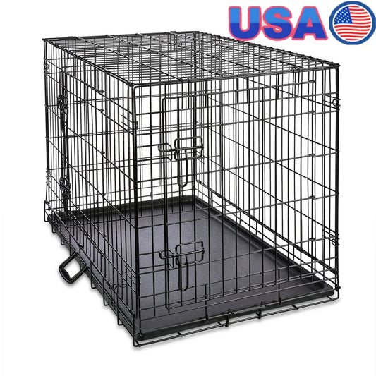 Heavy Duty Double Door Dog Crate 36 Inch Foldable Metal Wire Kennel with Leak Proof Pan Ventilation Divider