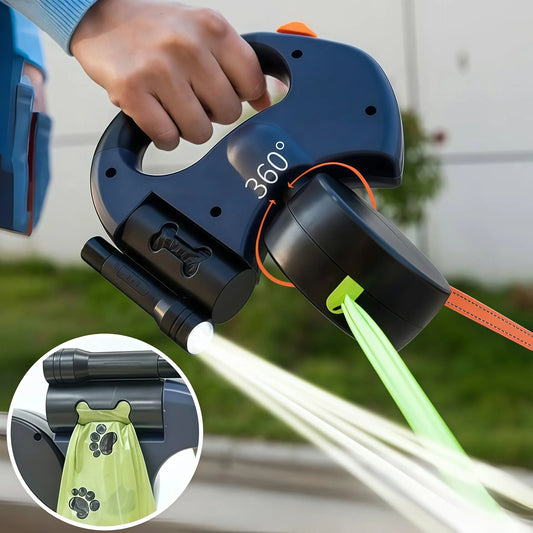 Dual Retractable Leash for Small Dogs – 360° Tangle-Free Nylon Leash with LED Light & Poop Bag Holder