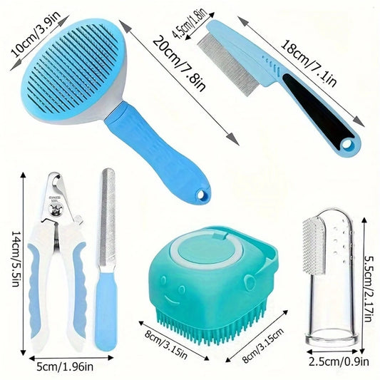 7 Pack Pet Grooming Set, Hair Removal Comb for Dog, Flea Comb, Dog Shampoo Brush, Pet Nail Clippers, Dog Toothbrush Set