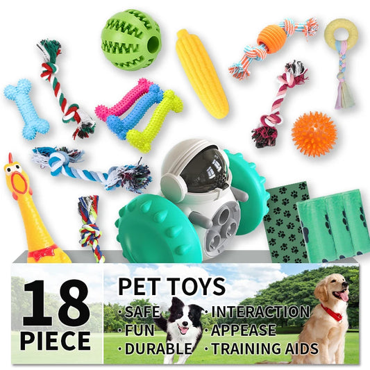 18 Dog Toy Packs - Squeaks, Balance Bikes, Ropes and Interactive Pet Toys, Food Dispensers with Training, Chewing and Mental Sti