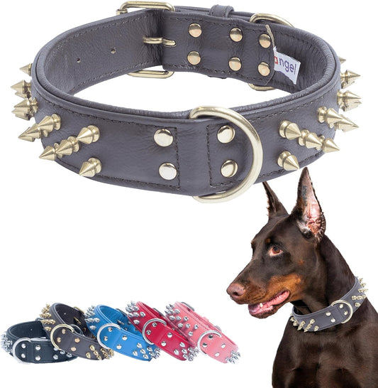 Spiked Dog Collar, Genuine Leather Dog Collar for Large Dogs to Extra Large Dogs