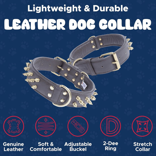 Spiked Dog Collar, Genuine Leather Dog Collar for Large Dogs to Extra Large Dogs