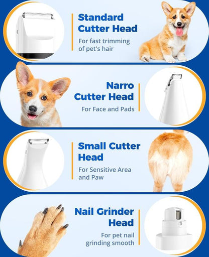 4-in-1 Dog Grooming Kit – Cordless Clippers, Paw Trimmer & Nail Grinder with 2 Speeds, Low Noise, Rechargeable for Dogs