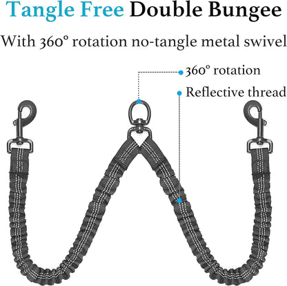 Shock Absorbing Bungee for Two Dogs (Large, 25-150 Lbs, Black)