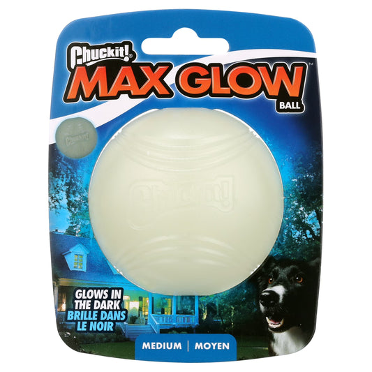 Max Glow Ball Rubber Fetch Dog Toy, Medium 2.5" for Dogs 20-60 Lb, White, Pack of 1